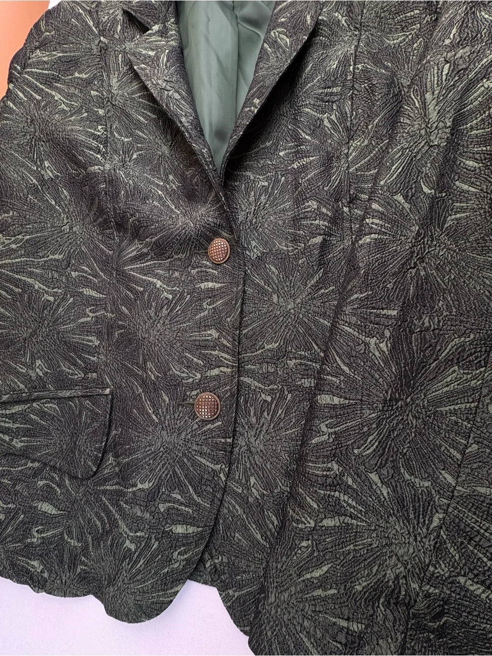 erin london Dark Green Textured Blazer with Subtle Leaf Pattern